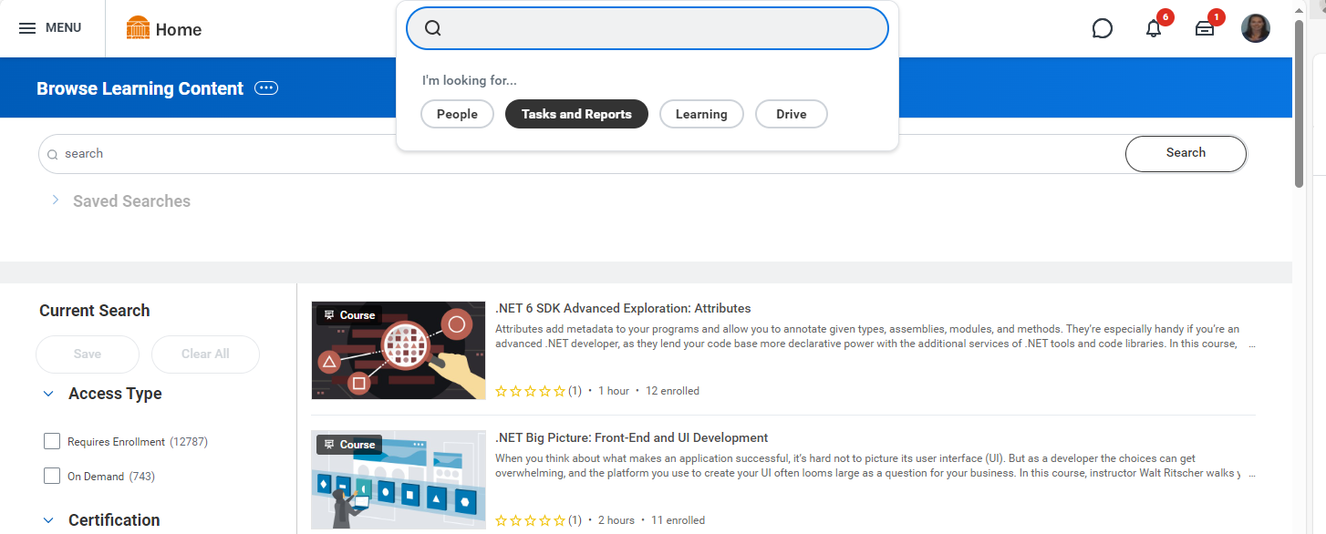 screen shot of Workday demonstrating how to search the Browse Learning Content report